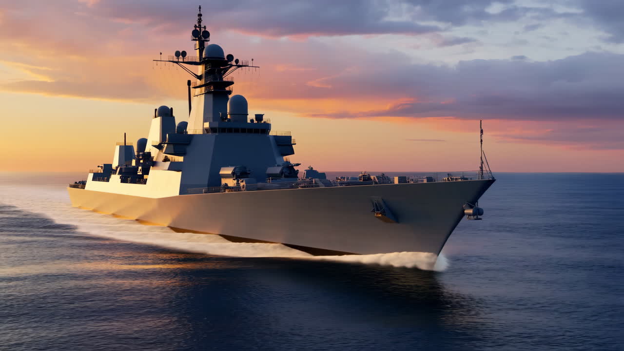 Naval Warship Cruising at Sunset