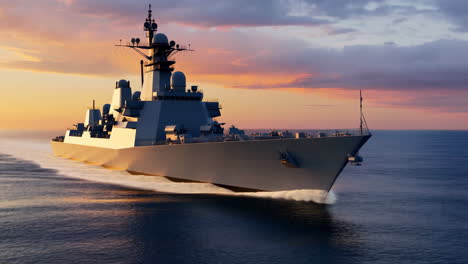 naval warship cruising at sunset
