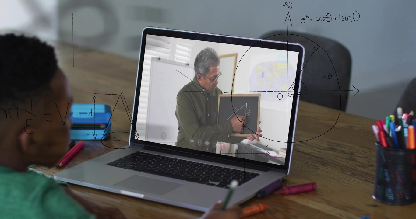 Teacher on laptop pointing triangle, causing child writing math while equations overlaying