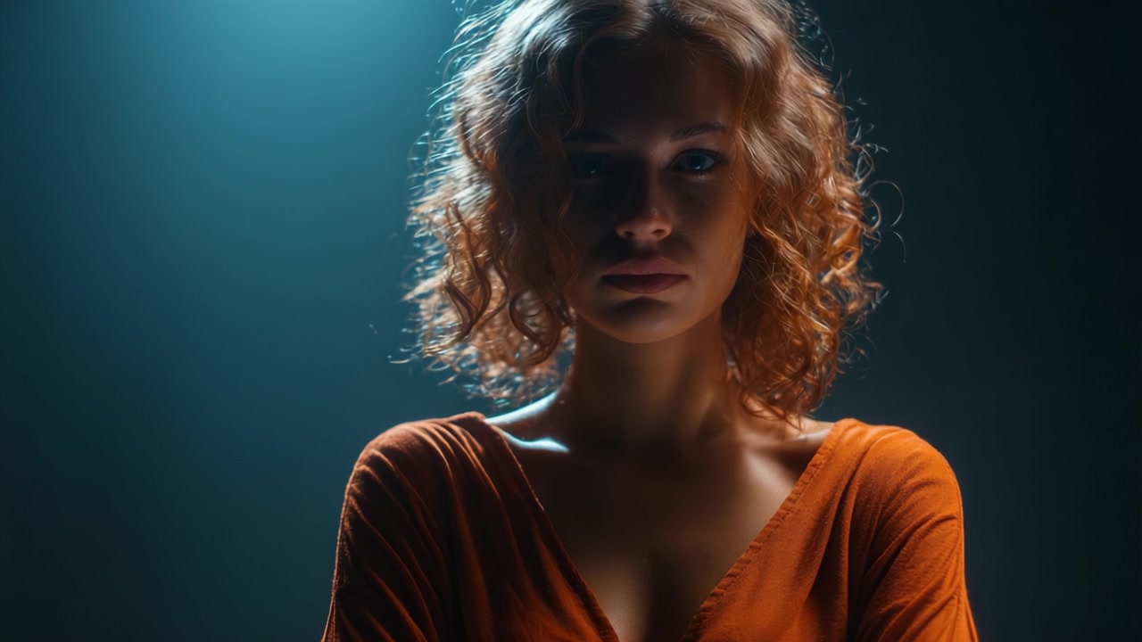 Uma Jovem Mulher Contemplativa com Cabelo Cacheado, Usando uma Blusa Laranja, Está Sob Luz Suave, Transmitindo uma Sensação de Introspecção e Profundidade Emocional em um Ambiente com Pouca Luz