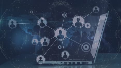 animation of network of profile icons over globe against mid section of businessman using laptop