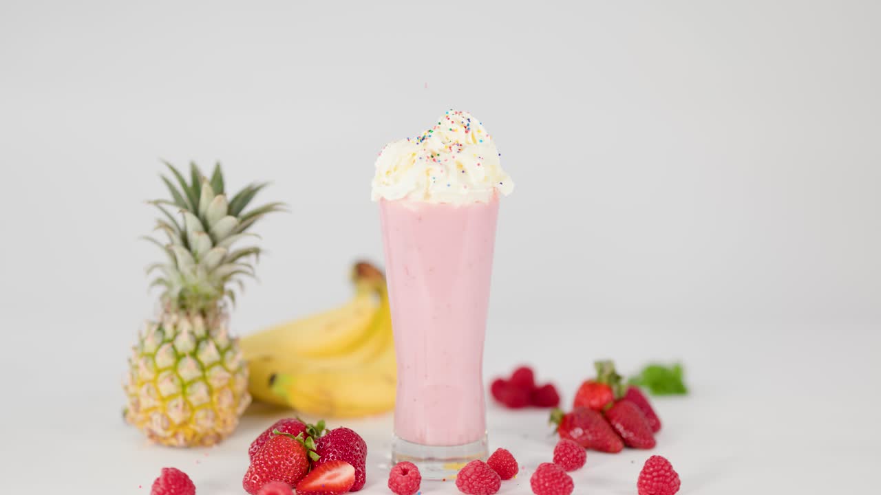 Colorati zuccherini a pioggia su un frullato rosa con panna montata, circondato da ananas, banana e frutti di bosco