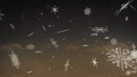 animation of snow falling over clouds on brown background