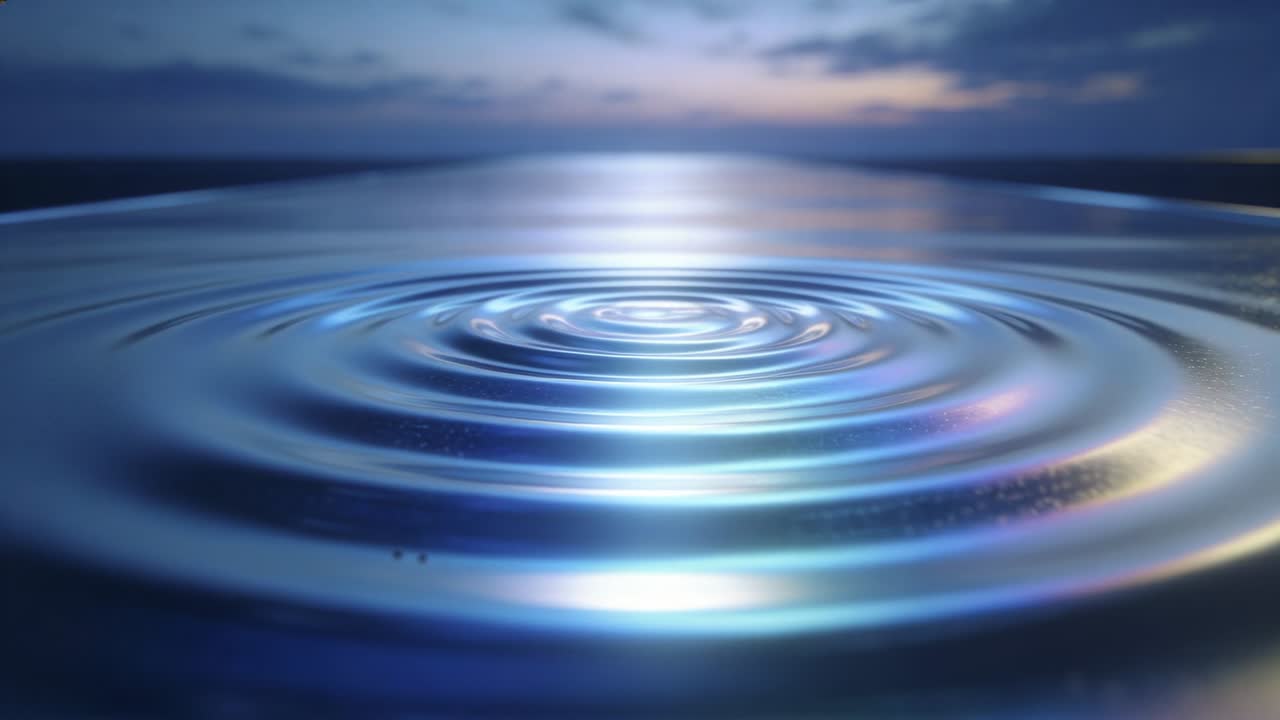 Creando anelli concentrici dopo una perturbazione centrale sull'acqua calma al crepuscolo, con un bagliore mutevole dell'orizzonte.