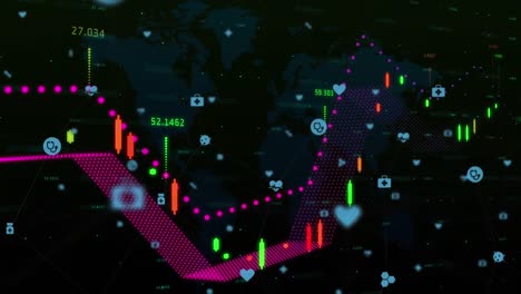 Animation-Der-Finanzdatenverarbeitung-Mit-Symbolen-Und-Weltkarte-Auf-Schwarzem-Hintergrund