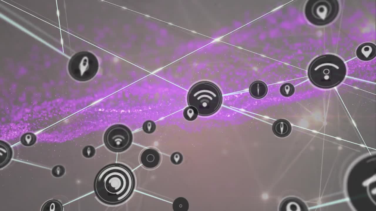 animación de iconos y puntos conectados sobre partículas que forman ondas contra un fondo abstracto.
