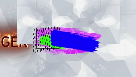 animación de formas abstractas coloridas y letras en llamas sobre fondo blanco