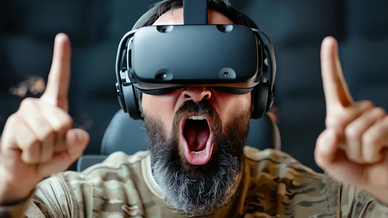 A man wearing a virtual reality headset with his hands up in the air