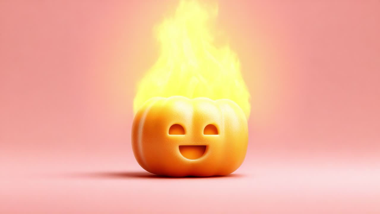 Cheerful Pumpkin Emitting Flames: A Vibrant and Whimsical Representation of Halloween Spirit and Festive Joy, Surrounded by a Soft Pink Background to Evoke Warmth and Playfulness