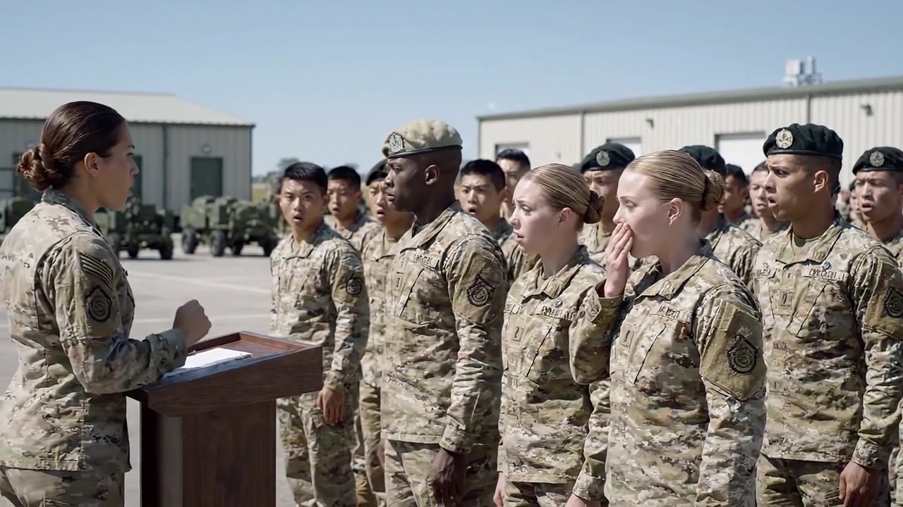 Una cerimonia militare con membri del servizio in uniforme che interagiscono con la leadership durante un evento ufficiale all'aperto in un ambiente di addestramento.