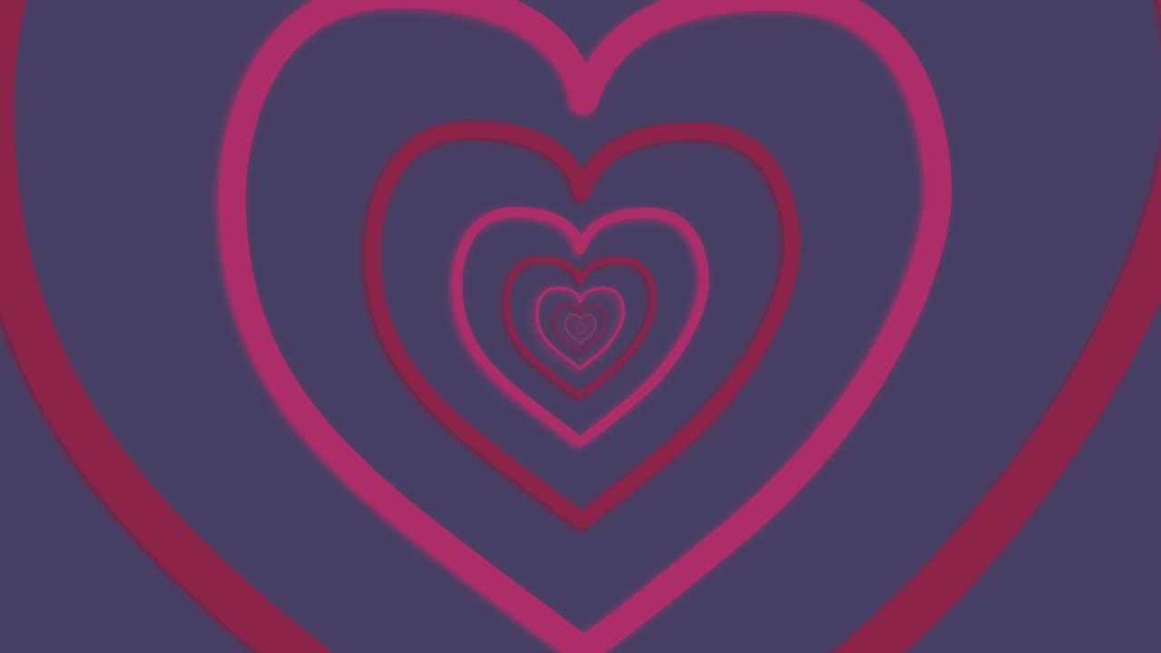 moviéndose a través de un túnel de contornos de corazón rosado concéntrico en fondo púrpura