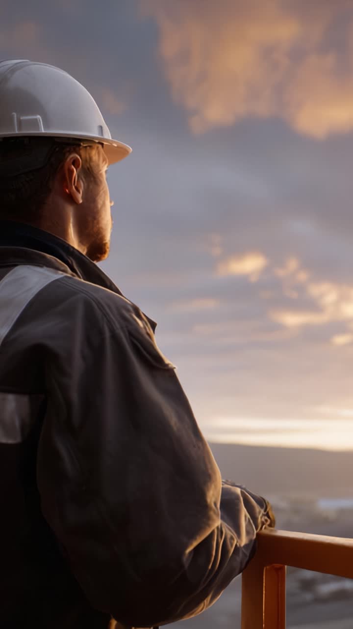 Un trabajador con equipo de seguridad contemplando una hermosa puesta de sol sobre un paisaje industrial, reflexionando sobre el día y explorando futuras oportunidades.
