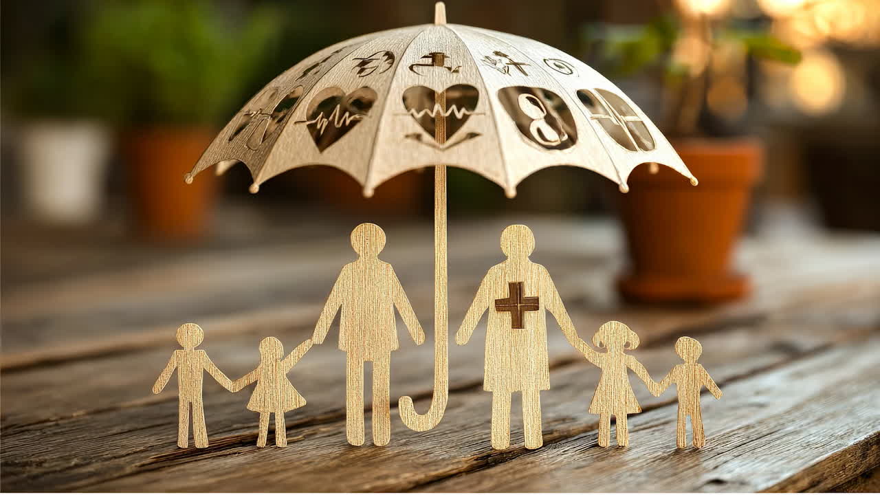Umbrella of health care. A wooden umbrella with health symbols covers a group of figures representing families