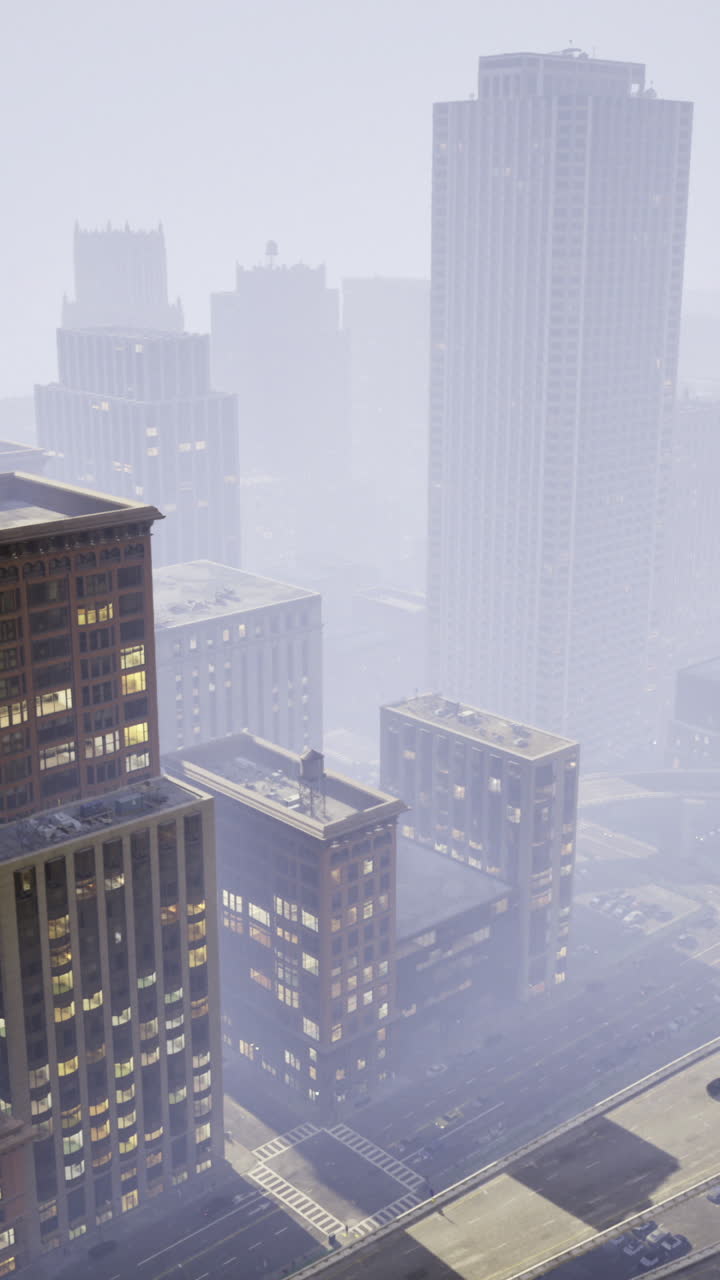 Cityscape shrouded in fog reveals towering buildings and quiet streets