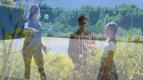 mother swinging tennis racket among wildflowers on court, showing health graph and ball icons