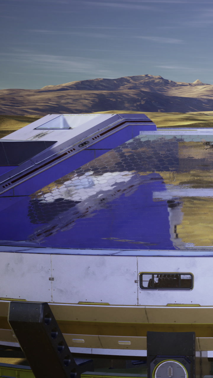 Spaceship lander on a distant terrain with mountains in the background