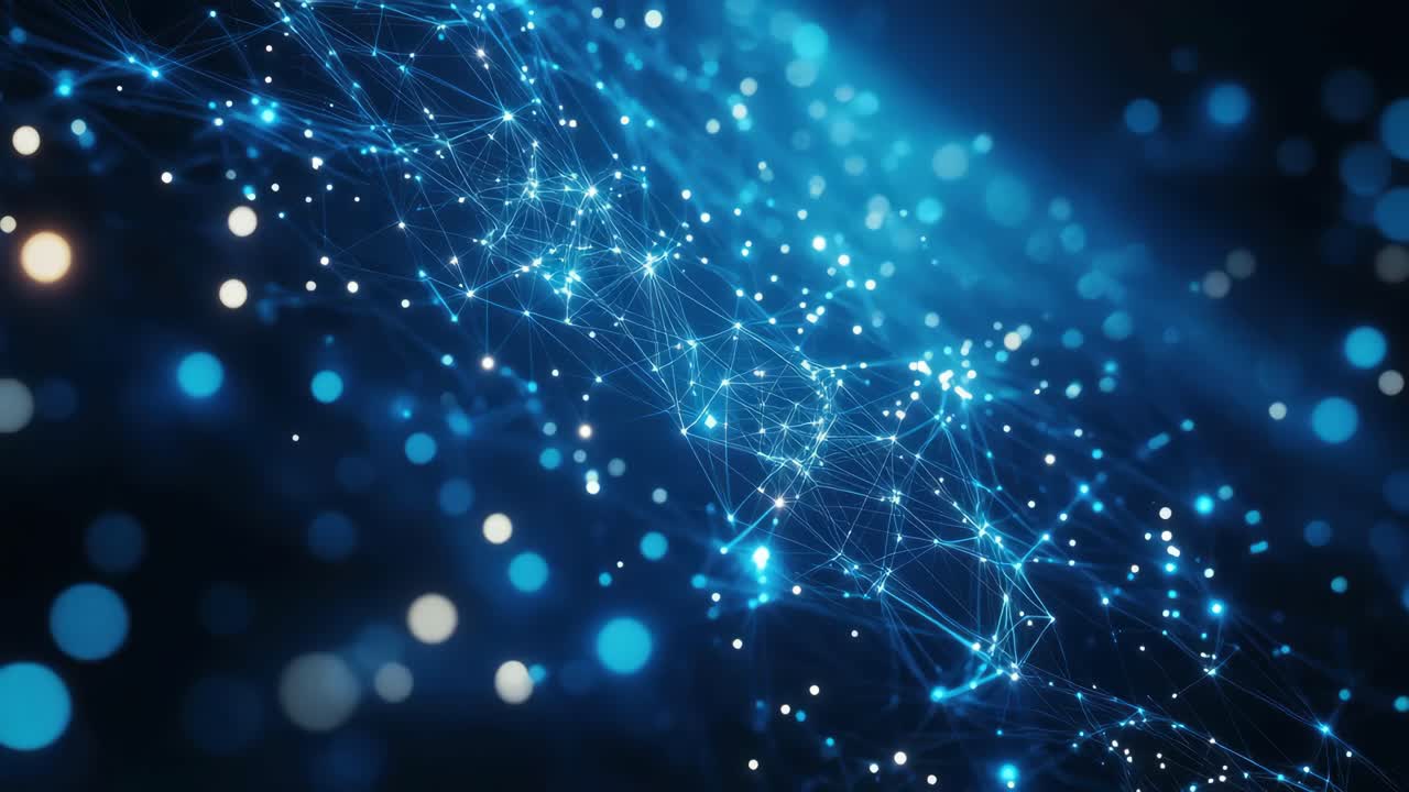 Abstract digital network with glowing blue nodes and lines, viewed from ...