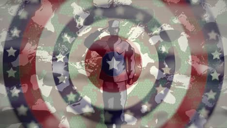 soldier figure over stars on spinning circles against camouflage background