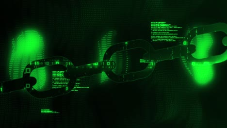 animation of digital computer interface with data processing and chain links on green glowing backgr