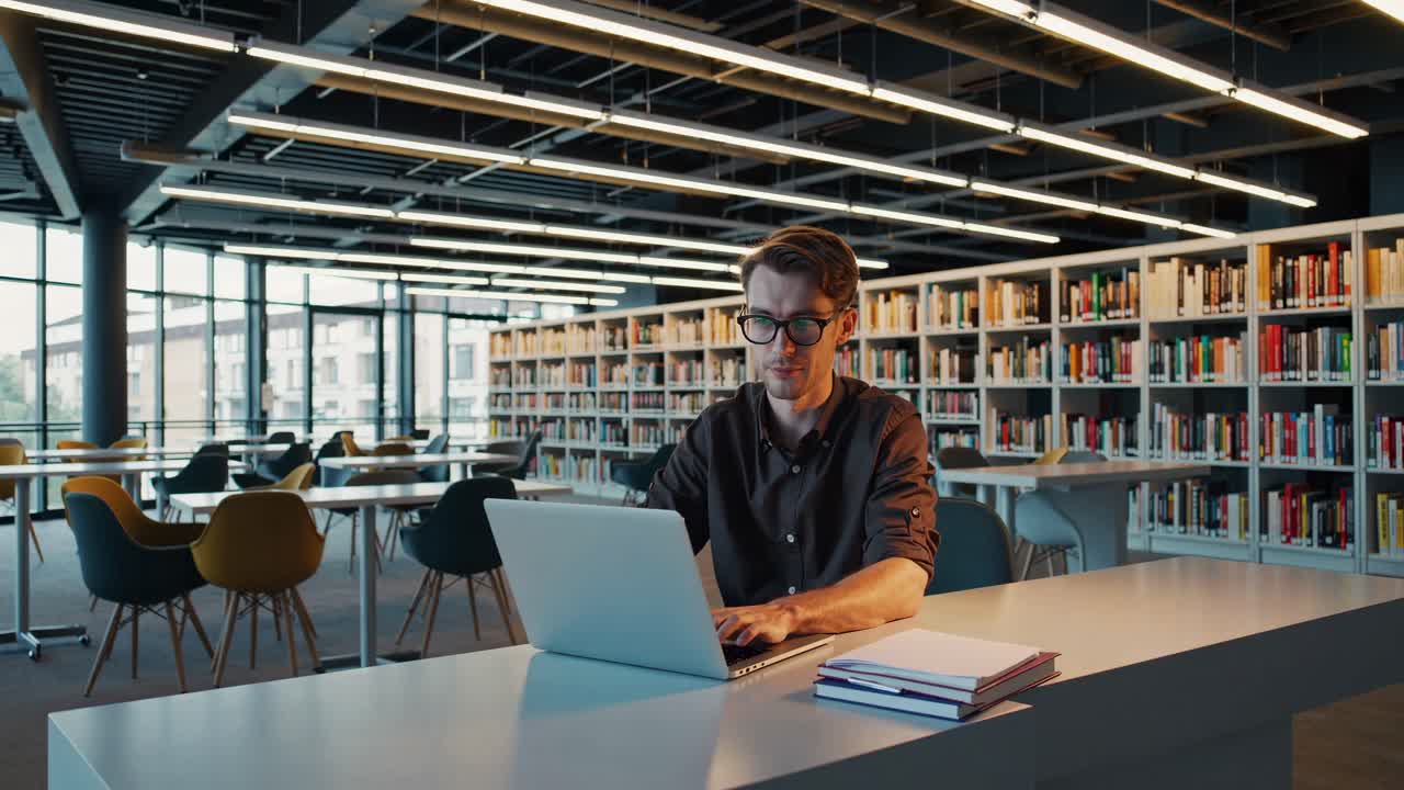 Student Working in a Modern Library