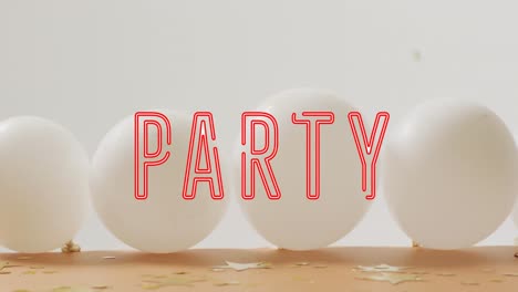 Animation-Von-Partytext-über-Weißen-Partyballons-Im-Hintergrund