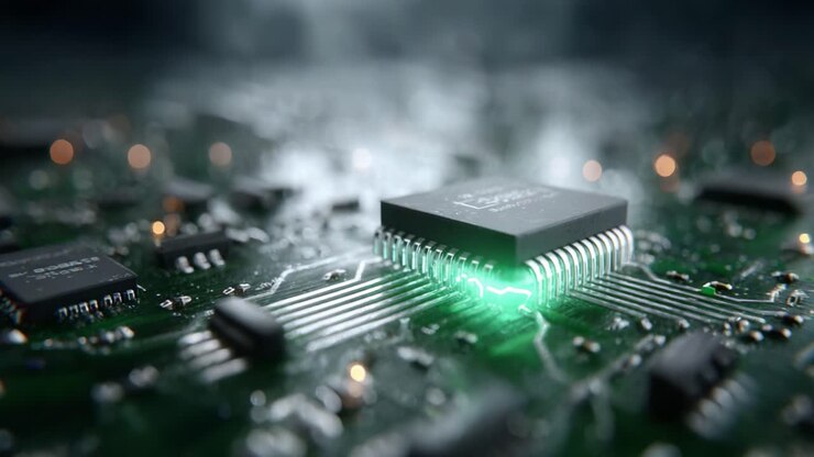 Nærbillede af en computermikrochip på et printkort med belyste komponenter og en defokuseret baggrund, der fremhæver teknologiske fremskridt og elektroniske forbindelser