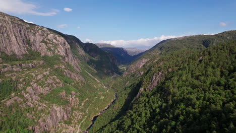 Toma-Aérea,-Descendiendo-A-Un-Valle-Profundo-Con-Densos-Bosques-Y-Acantilados-Escarpados-A-Sus-Lados.