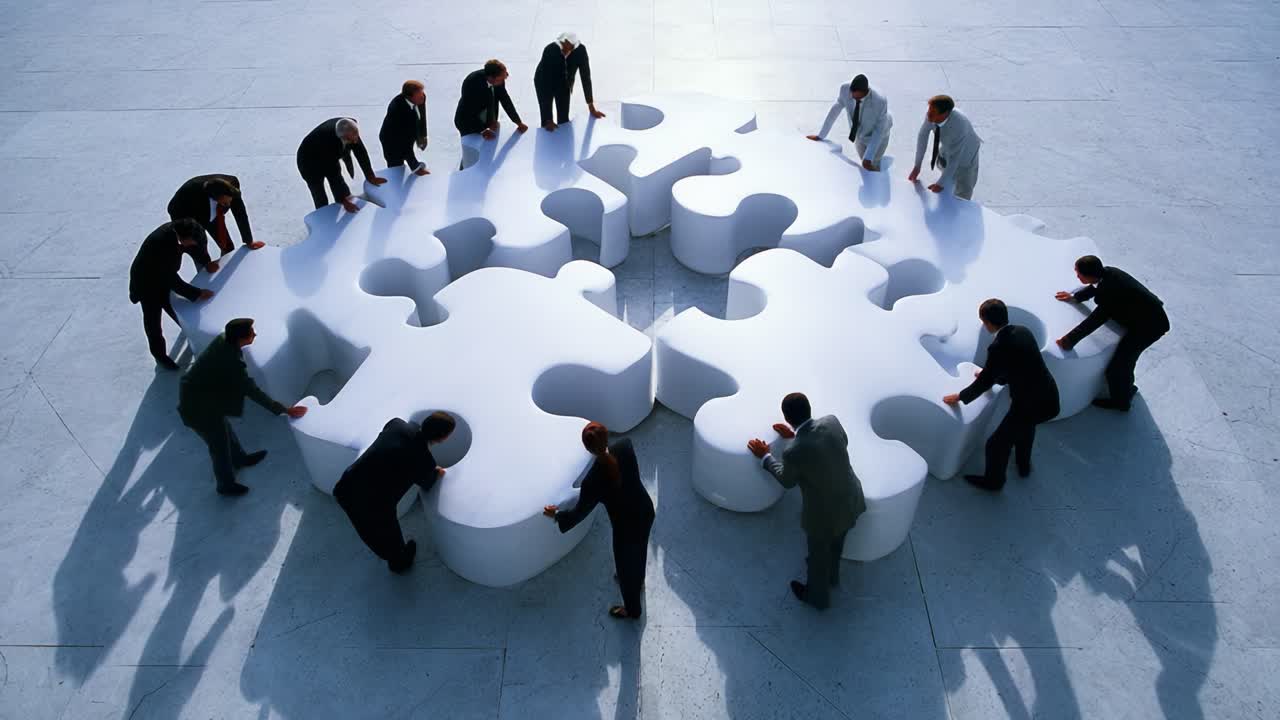 Collaborative Puzzle Assembly: A Group of Professionals Strategically Fitting Interlocking White Puzzle Pieces Together on a Reflective Surface in an Engaging Team Building Activity