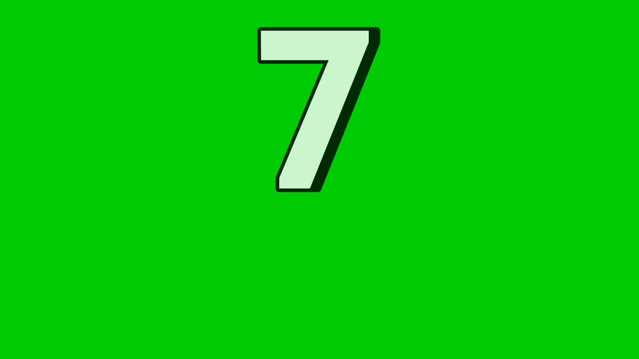 Falling Number 7 seven Animation on Green Screen Background.Video elements Effect for Video Editing, Chroma Key, Motion Graphics, and Stock Footage Projects