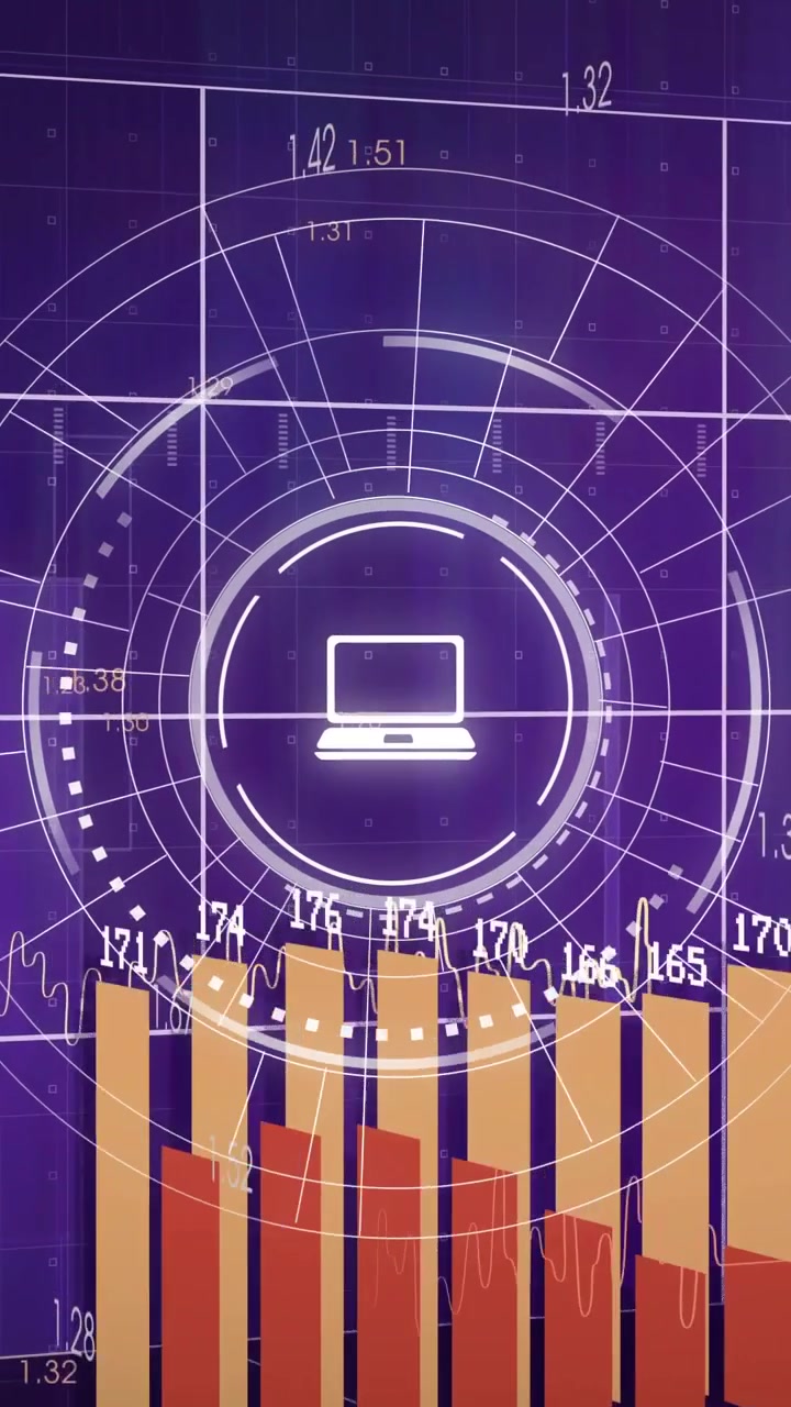 Vertical video: Start pulse starting laptop focusing, rings rotating and bars rising showing trends