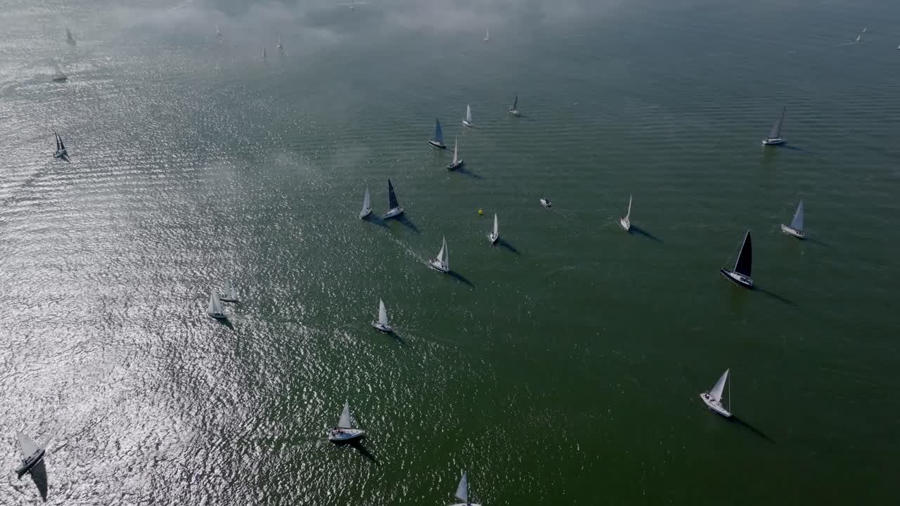 Drone shot of some sailboats.