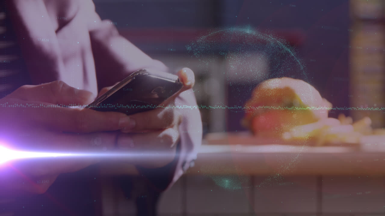 animación de gráficos sobre las manos de un hombre caucásico usando un teléfono inteligente