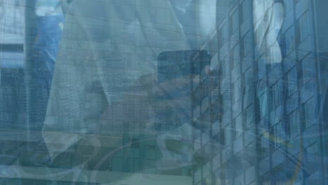 animation of cityscape over african american woman using smartphone