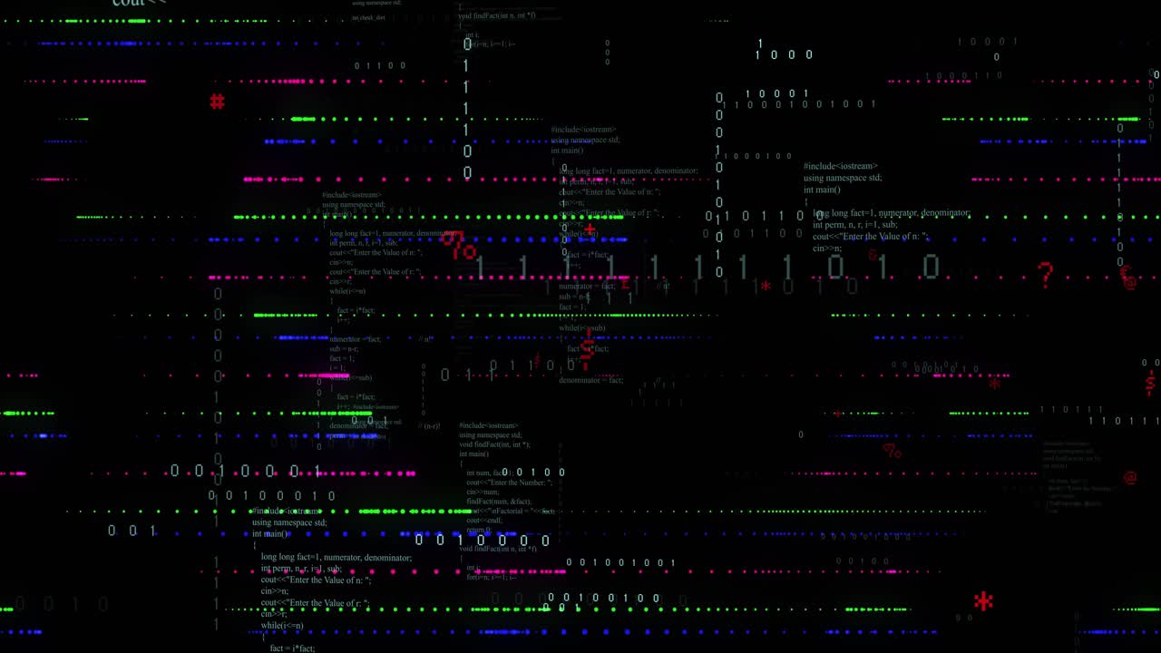 Digital glitch starting with sparse RGB dots, rows growing, code appearing, showing data flow