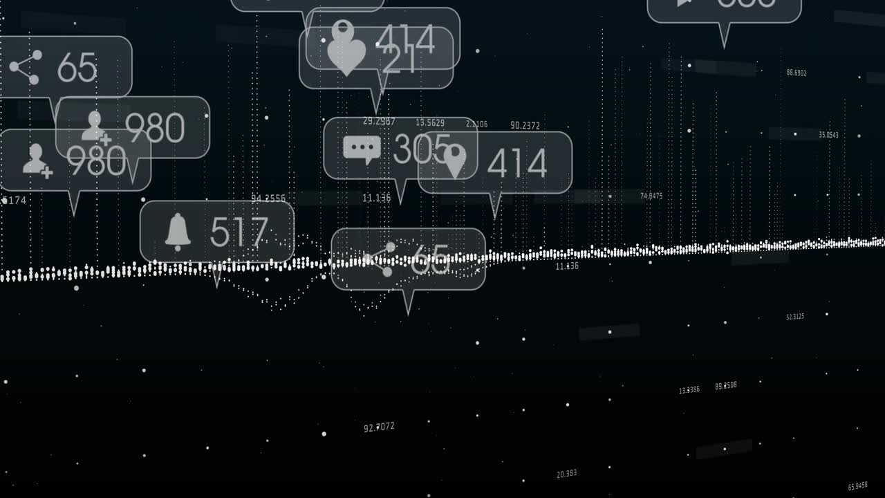 Dotted waveform pulsing, spawning gray icon bubbles drifting, clustering and visualizing engagement