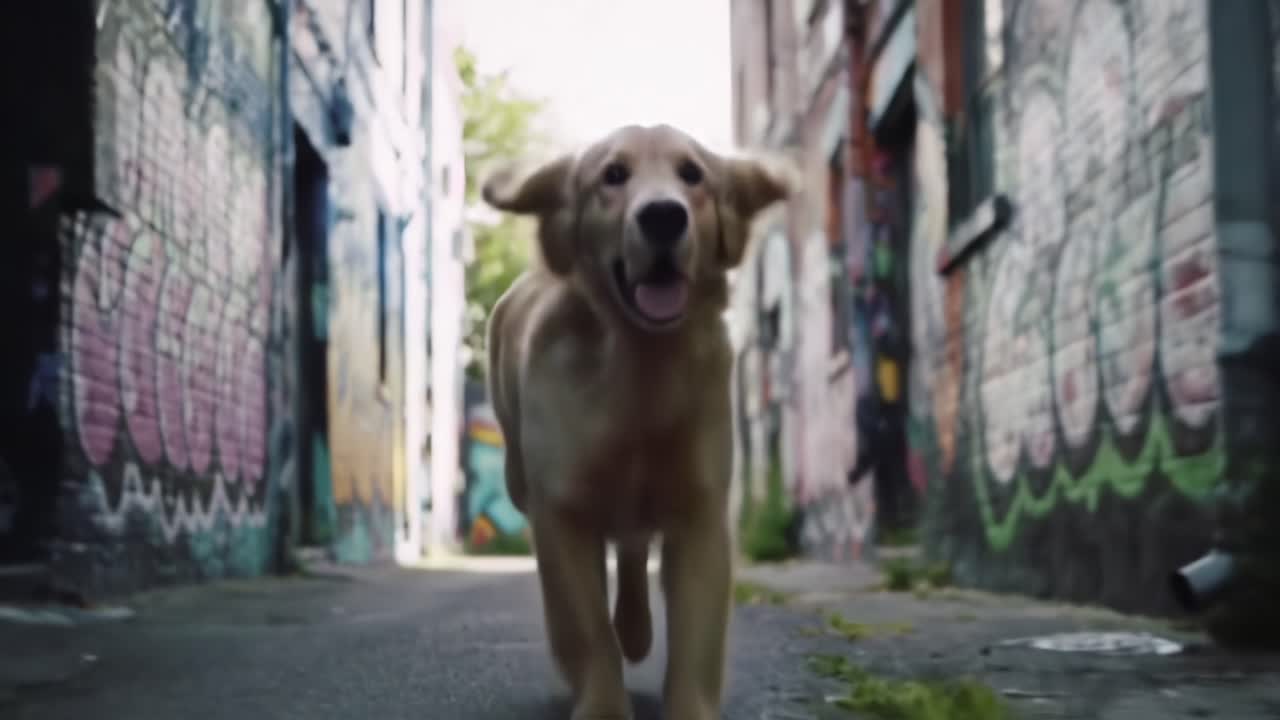 A Playful Golden Retriever Joyfully Running Through a Colorful Graffiti-Alley, Capturing the Spirit of Freedom and Adventure in Urban Exploration