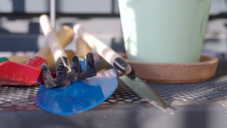 close-up of colorful garden tools