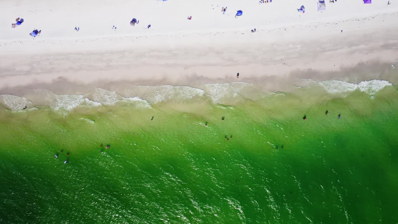 Emerald Gulf water flows in translucent waves across the shore of Anna Maria Island, meeting smooth white sand as umbrellas line the beach under bright summer light