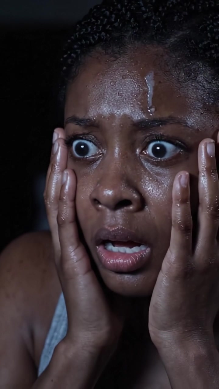 Intense Moments Captured: A Woman's Fearful Expression Highlighting Shock and Panic in a Dramatic Scene with Sweaty Skin and Wide Eyes