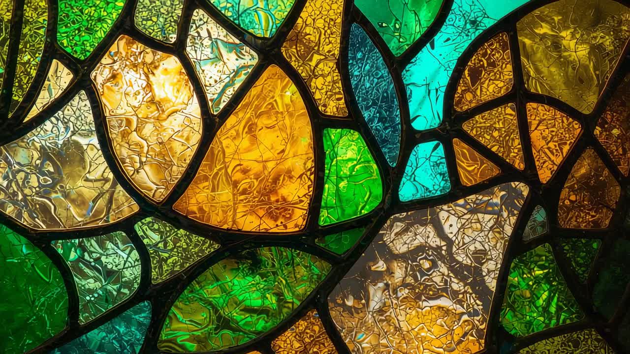 Filtering light through stained glass mosaic in building interior, illuminating irregular segments
