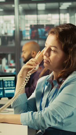 vertical video worker in office using landline phone to talk with client