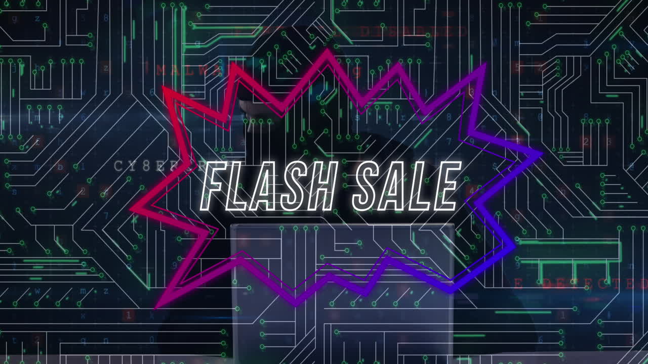 Animation of flash sale text in speech bubble, circuit board pattern, masked hacker hacking laptop
