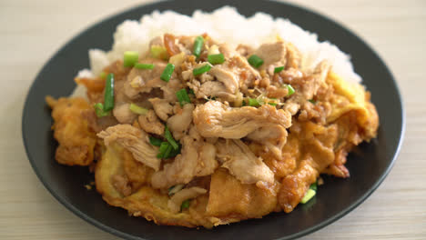 stir-fried-pork-with-garlic-and-egg-topped-on-rice---Asian-food-style