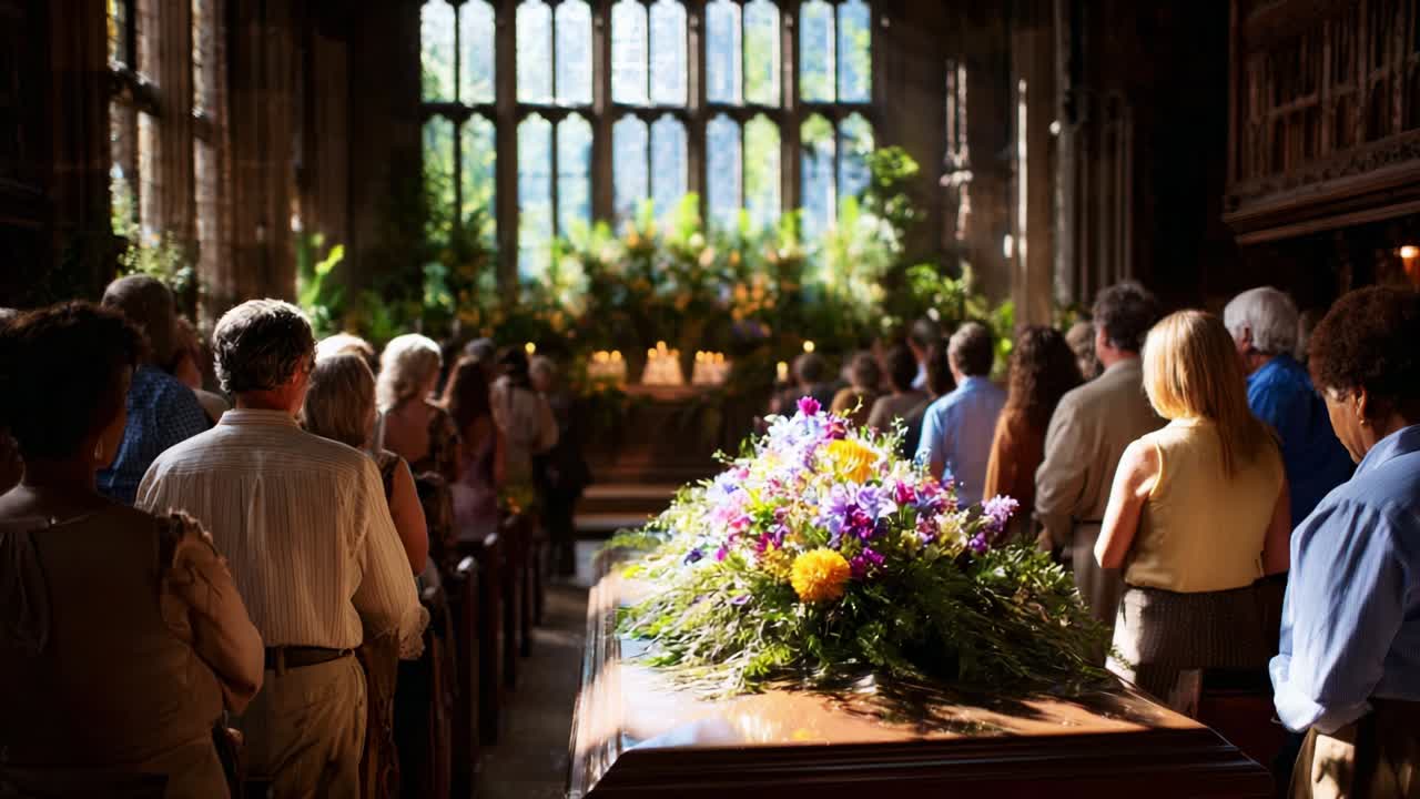 A somber gathering in a sunlit chapel, where mourners pay their respects, surrounded by vibrant floral arrangements, capturing the bittersweet atmosphere of remembrance and farewell during a memorial service