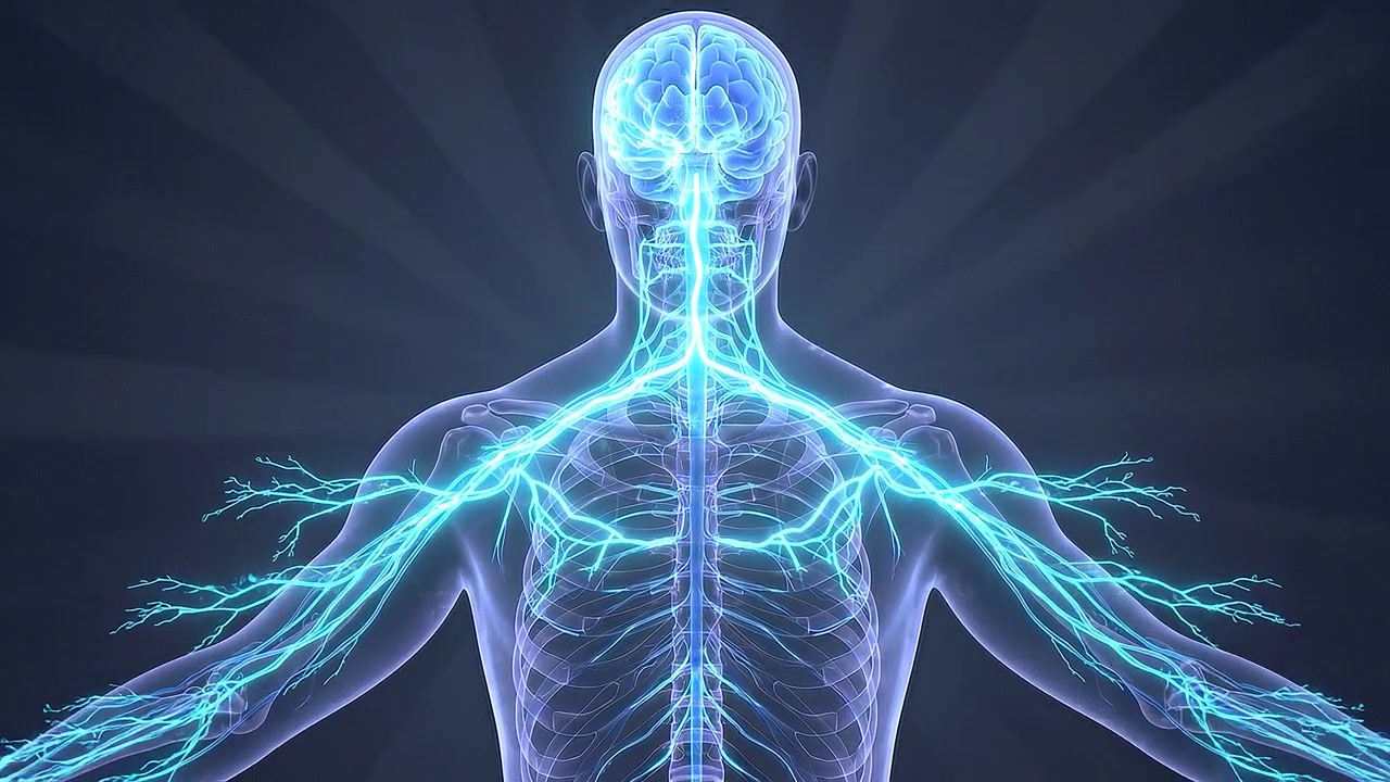 Front digital human body showing brain spinal cord and nervous system in medical view