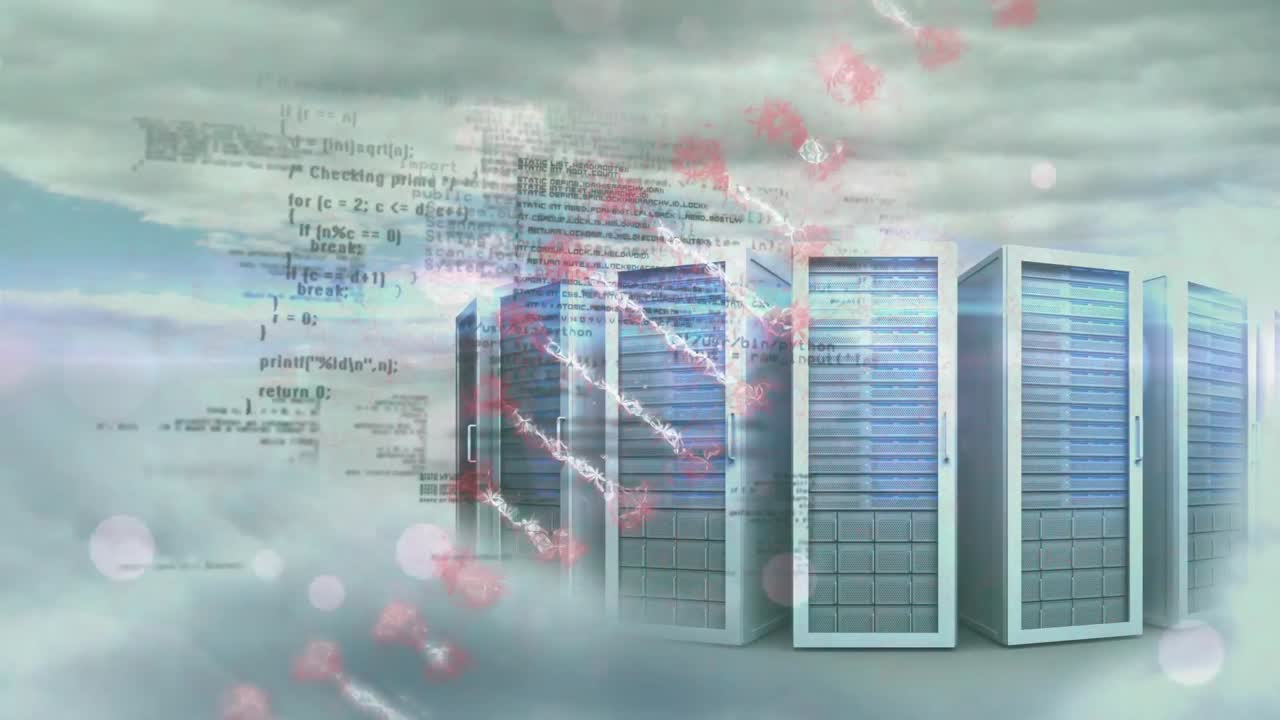 Animation of data processing and dna strand over servers