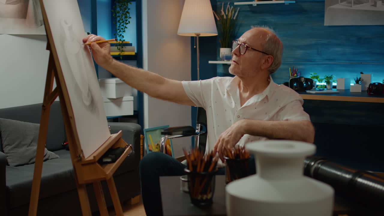 Paralyzed man with health condition drawing modern art model