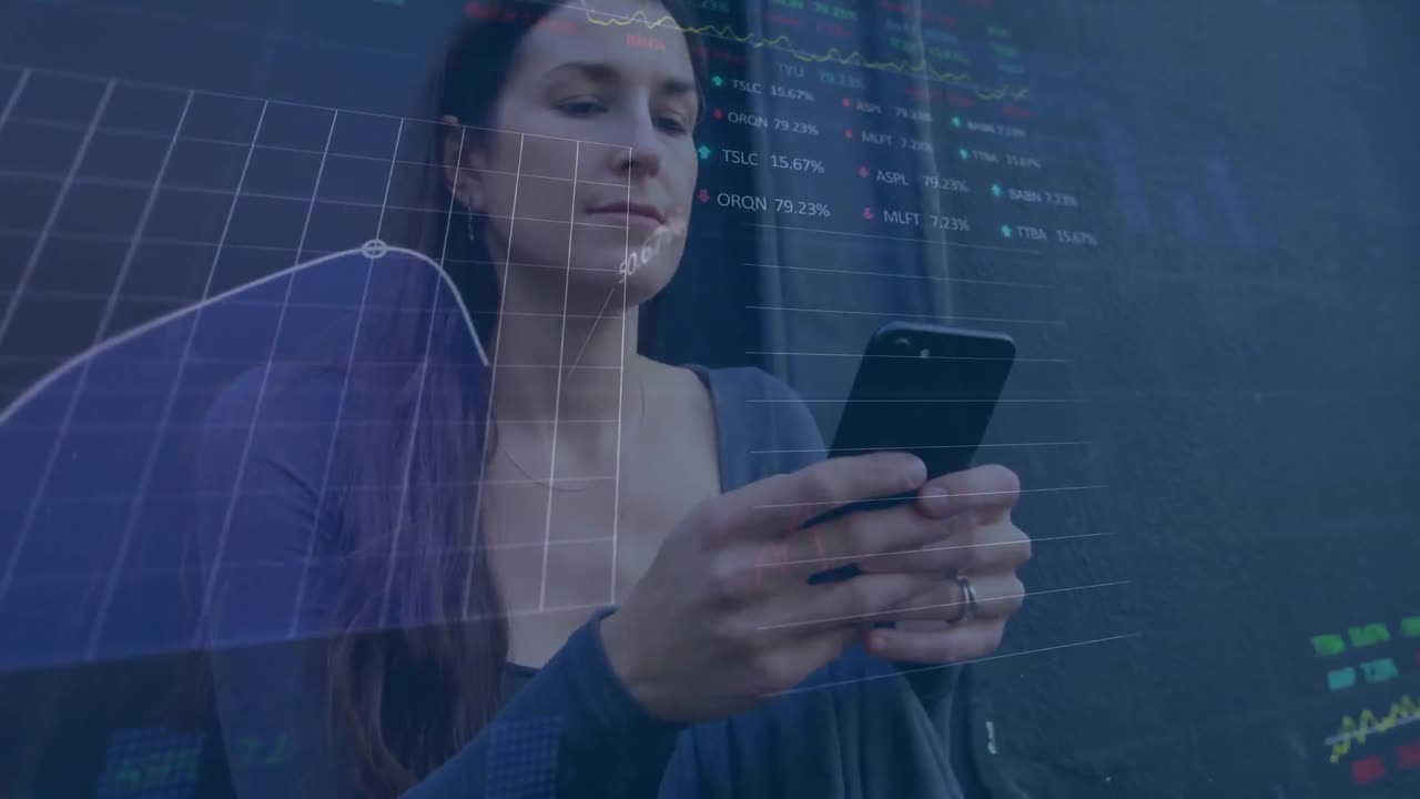 Animation of stock market data processing over caucasian woman using smartphone on the street