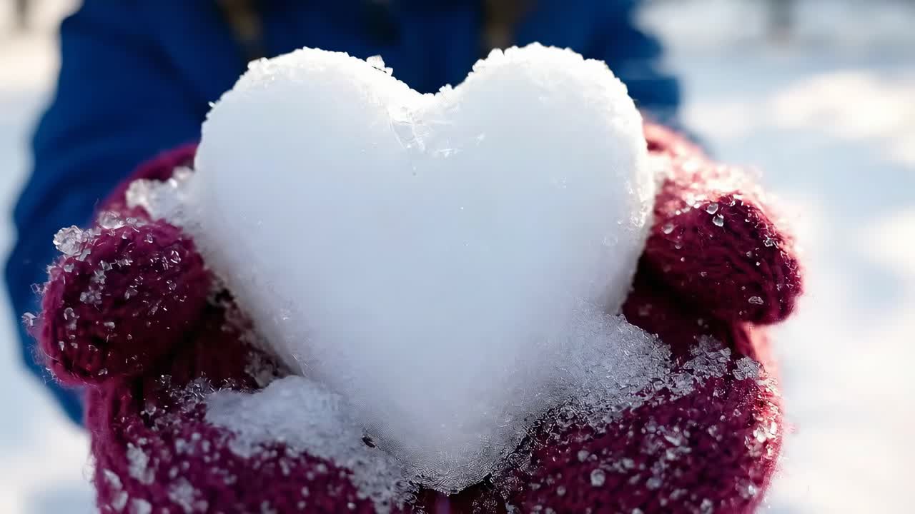 Close-up video of hands in red gloves holding a heart-shaped snowball, shot from above