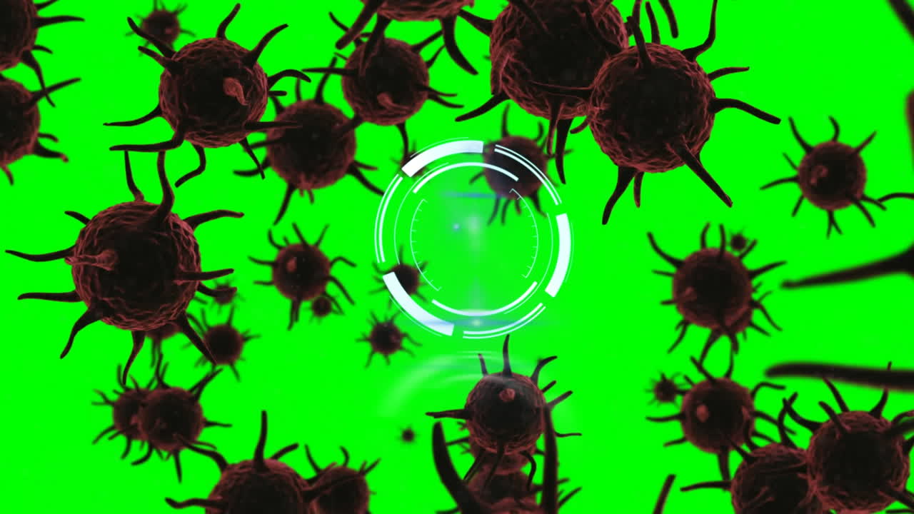 Animation of circular scanner over covid 19 cells, processing data, on bright green
